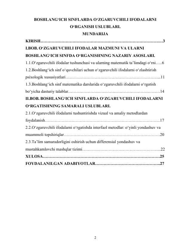 BOSHLANG‘ICH SINFLARDA O‘ZGARUVCHILI IFODALARNI O‘RGANISH USLUBLARI.