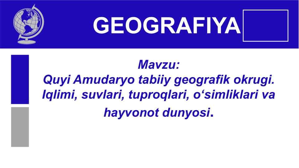 Quyi Amudaryo tabiiy geografik okrugi. Iqlimi, suvlari, tuproqlari, o‘simliklari va hayvonot dunyosi.