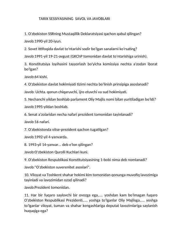 Tarixdan savol javoblar sessiya uchun