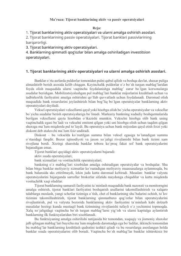 Tijorat banklarining aktiv va passiv operatsiyalari