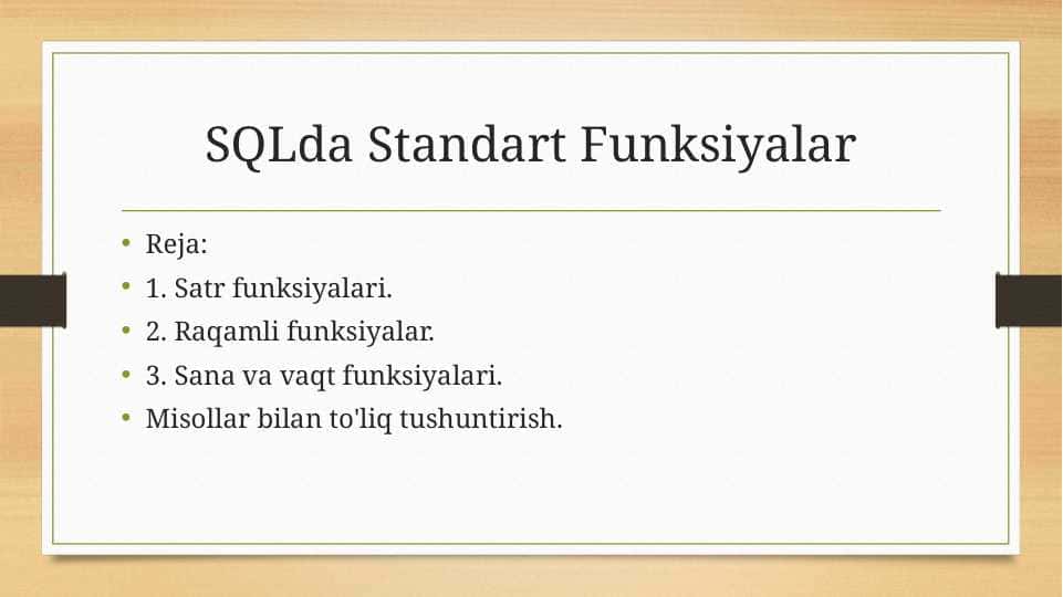SQLda Standart Funksiyalar