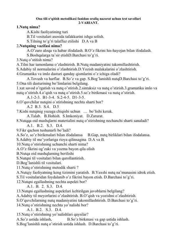 Ona tili oʻqitish metodikasi fanidan oraliq nazorat uchun test savollari