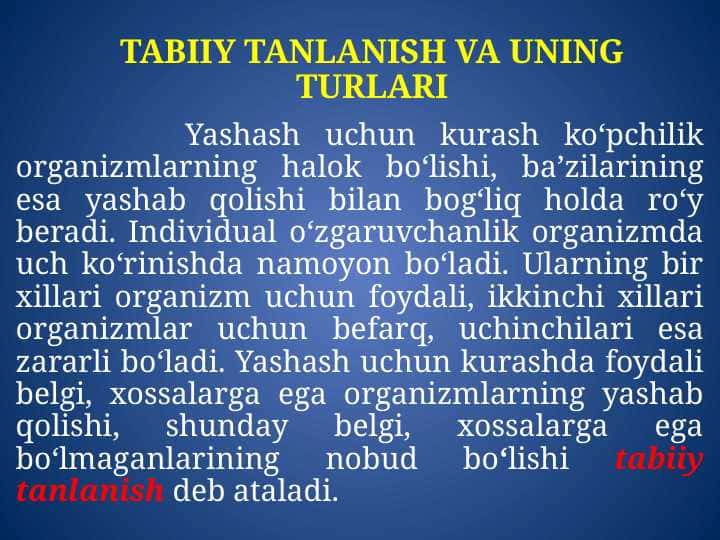 TABIIY TANLANISH VA UNING TURLARI
