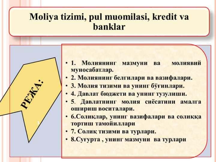 Moliya tizimi, pul muomilasi, kredit va banklar