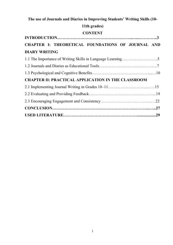 The use of Journals and Diaries in Improving Students’ Writing Skills (10-11th grades)