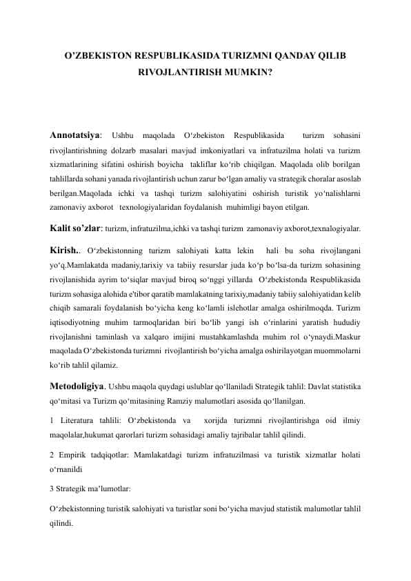 O’zbekiston Respublikasida turizmni qanday qilib rivojlantirish mumkin