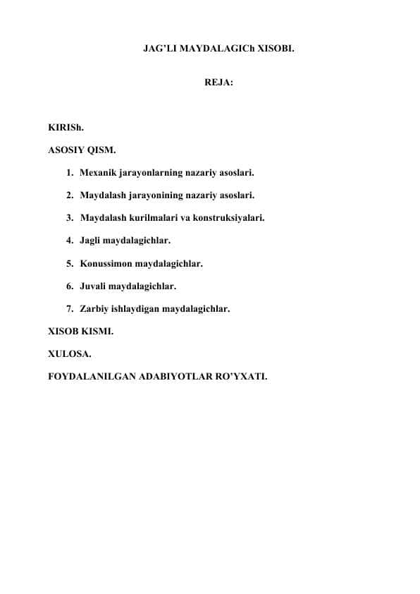 JAG’LI MAYDALAGICh XISOBI