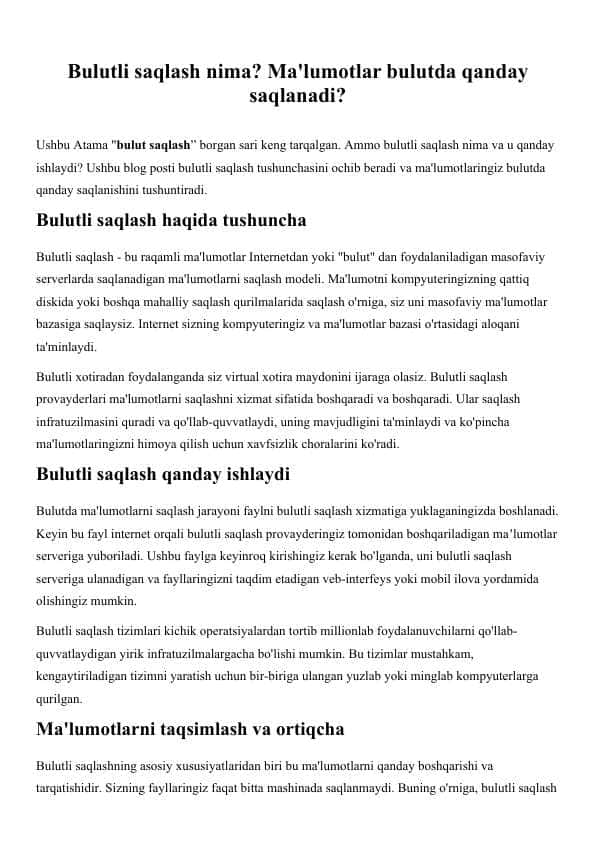 Bulutli saqlash nima? Ma'lumotlar bulutda qanday saqlanadi?