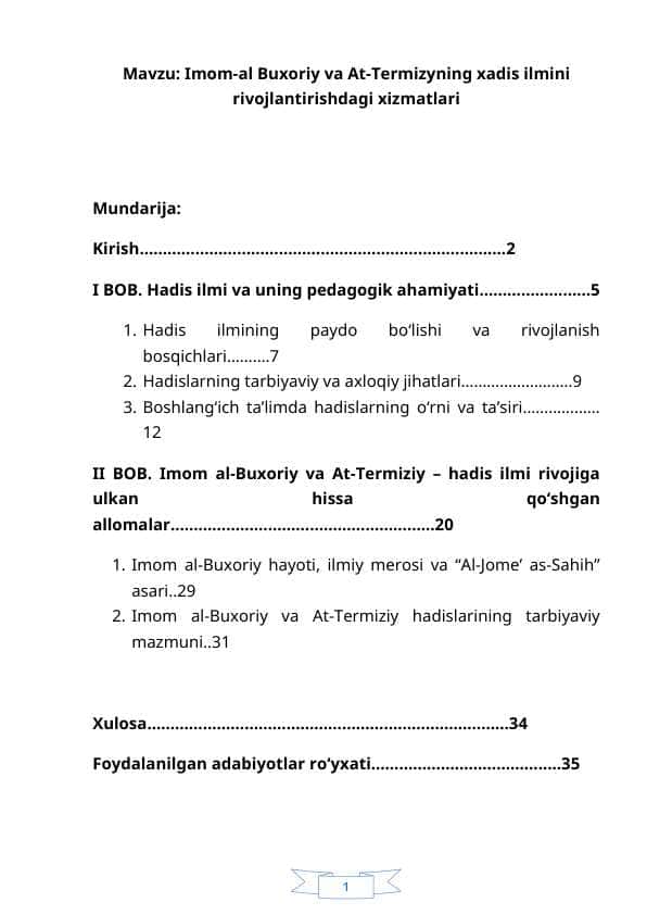 Imom-al Buxoriy va At-Termizyning xadis ilmini rivojlantirishdagi xizmatlari