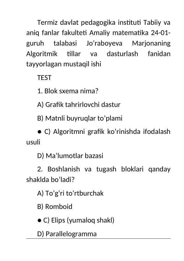 ALGORITMIK TILLAR VA DASTURLASH