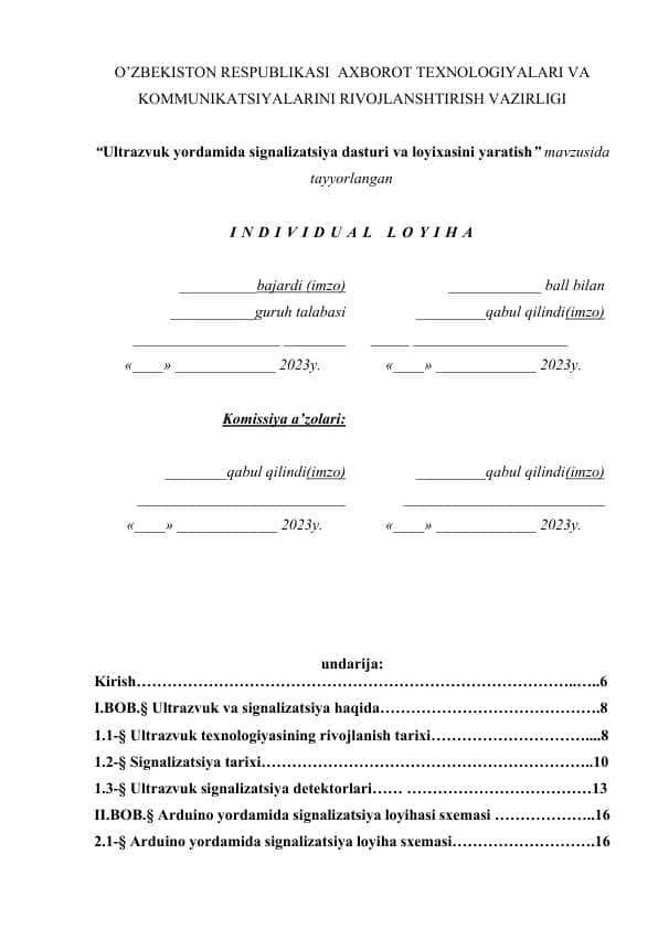 Ultrazvuk yordamida signalizatsiya dasturi va loyixasini yaratish