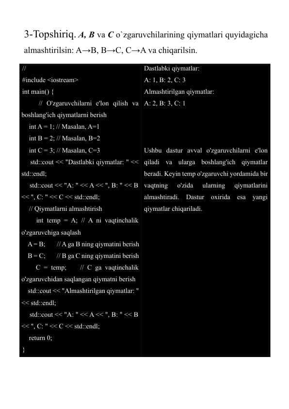 3-Topshiriq. A, B va C o`zgaruvchilarining qiymatlari quyidagicha almashtirilsin A→B, B→C, C→A va chiqarilsin. 3-Topshiriq