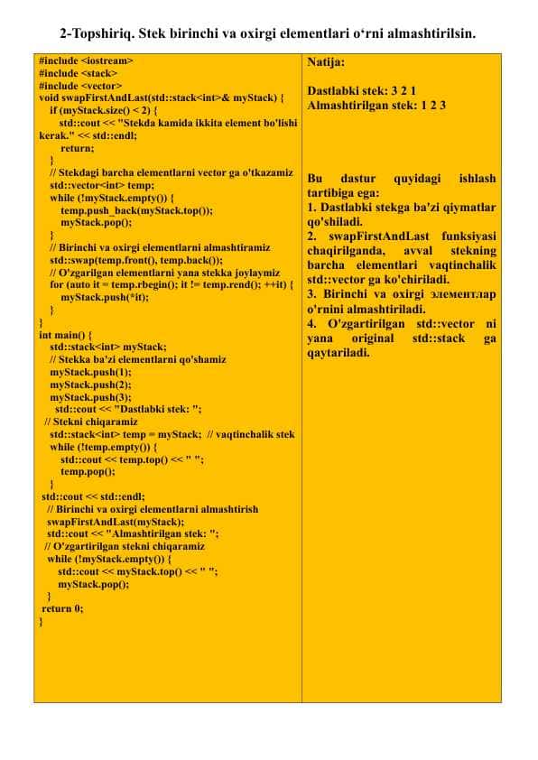 2-Topshiriq. Stek birinchi va oxirgi elementlari o‘rni almashtirilsin.2-Topshiriq