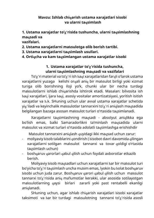 Ishlаb chiqаrish ustаmа хаrаjаtlаri hisobi vа ulаrni tаqsimlаsh