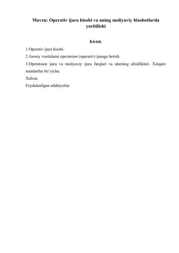 Operativ ijara hisobi va uning moliyaviy hisobotlarda yoritilishi