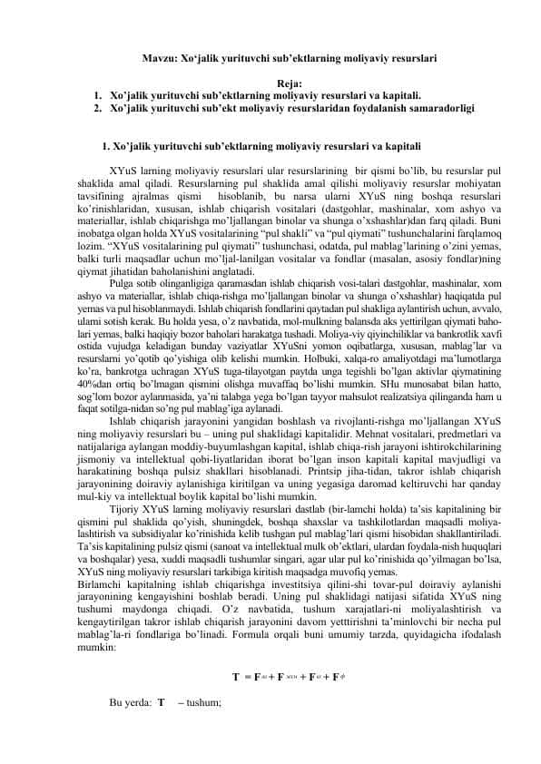Xo‘jalik yurituvchi sub’ektlarning moliyaviy resurslari