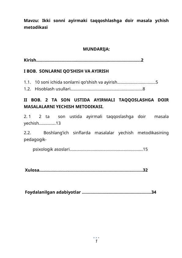Ikki sonni ayirmaki taqqoshlashga doir masala ychish metodikasi