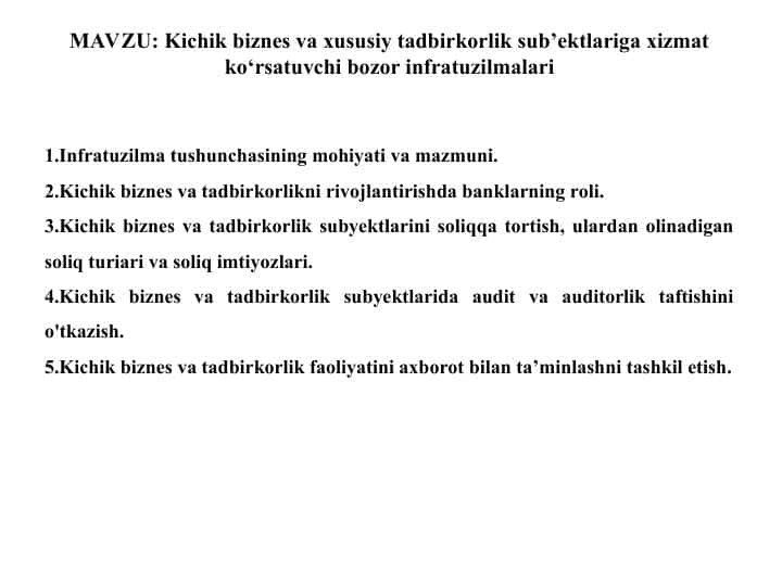 Kichik biznes va xususiy tadbirkorlik sub’ektlariga xizmat ko‘rsatuvchi bozor infratuzilmalari