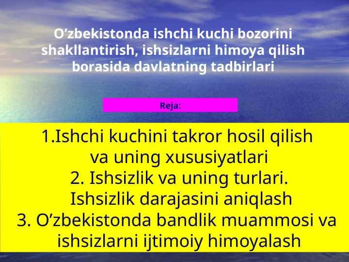 O’zbekistonda ishchi kuchi bozorini shakllantirish, ishsizlarni himoya qilish borasida davlatning tadbirlari