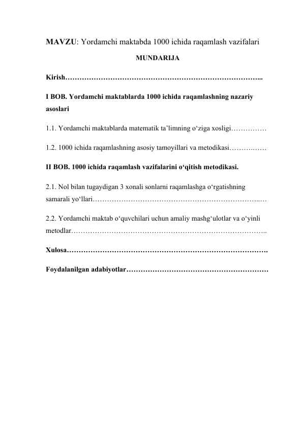 Yordamchi maktabda 1000 ichida raqamlash vazifalari KURS ISHI