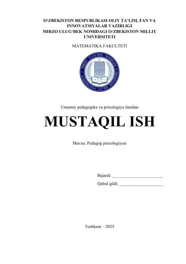 Pedagog psixalogiyasi mustaqil ish