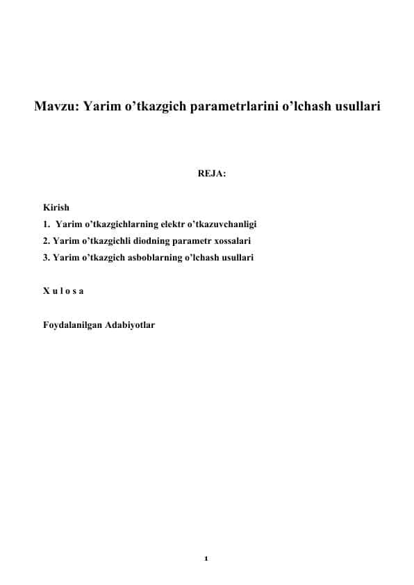 Yarim o’tkazgich parametrlarini o’lchash usullari