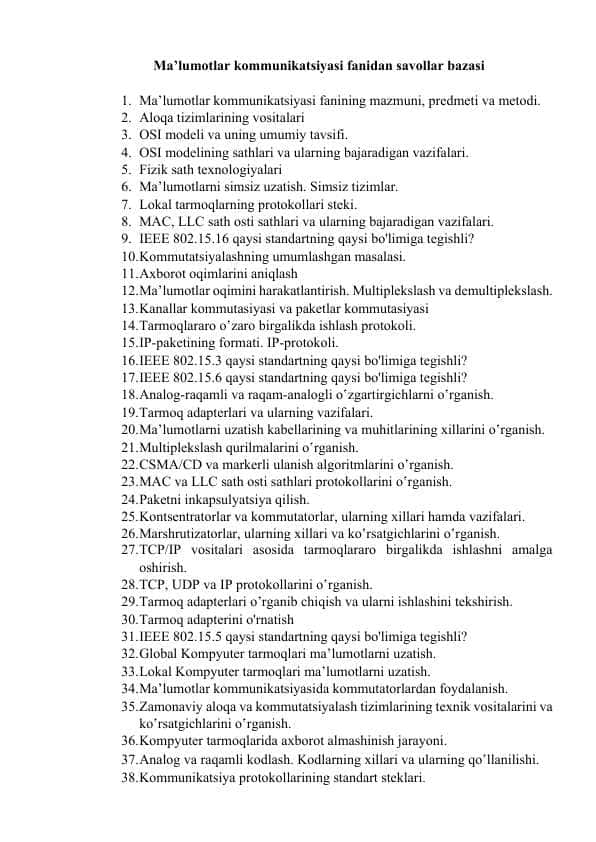 Ma’lumotlar kommunikatsiyasi fanidan savollar bazasi