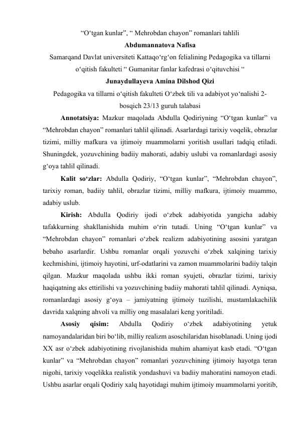 “ Mehrobdan chayon” romanlari tahlili
