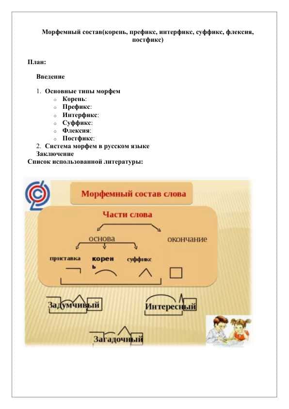 Морфемный состав(корень, префикс, интерфикс, суффикс, флексия, постфикс)