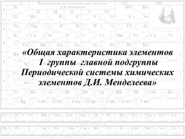 «Общая характеристика элементов I группы главной подгруппы Периодической системы химических элементов Д.И. Менделеева»