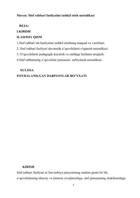 Mavzu: Sinf rahbari faoliyatini tashkil etish metodikasi. Kurs ishi