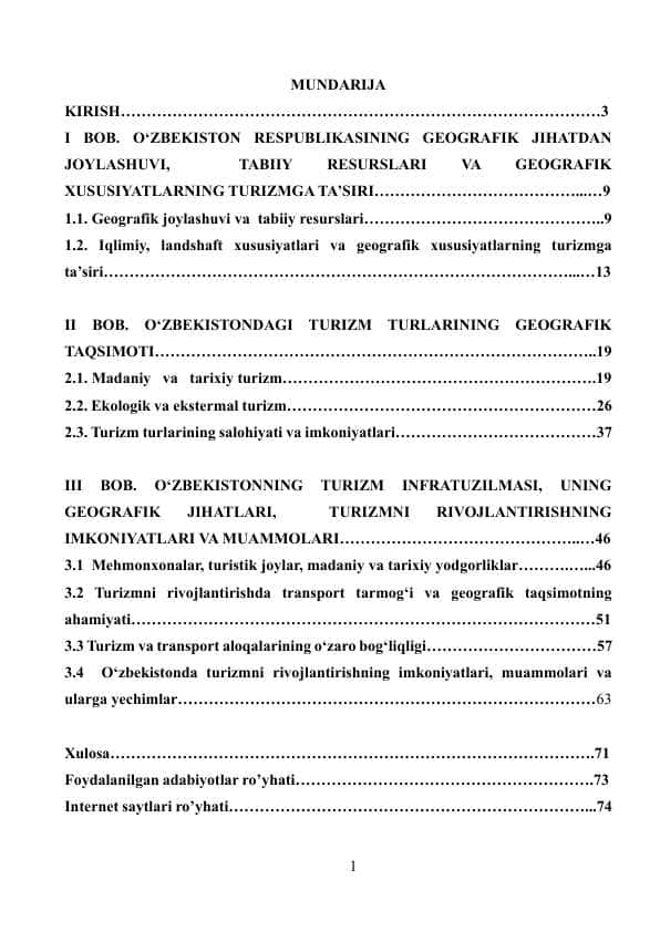 O'zbekistonda turizmni rivojlantirishning geografik jihatlari