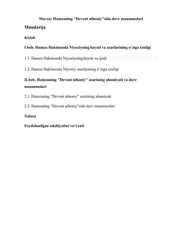 Hamzaning Devoni nihoniysida davr muammolari