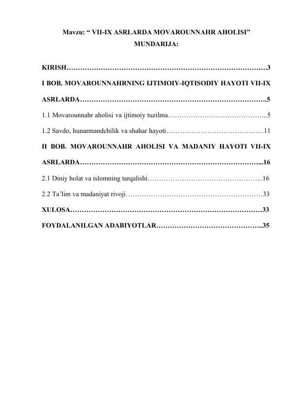 VII-IX ASRLARDA MOVAROUNNAHR AHOLISI