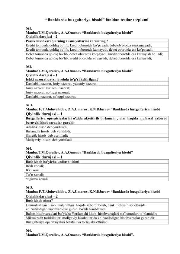 “Banklarda buxgalteriya hisobi” fanidan testlar to‘plami