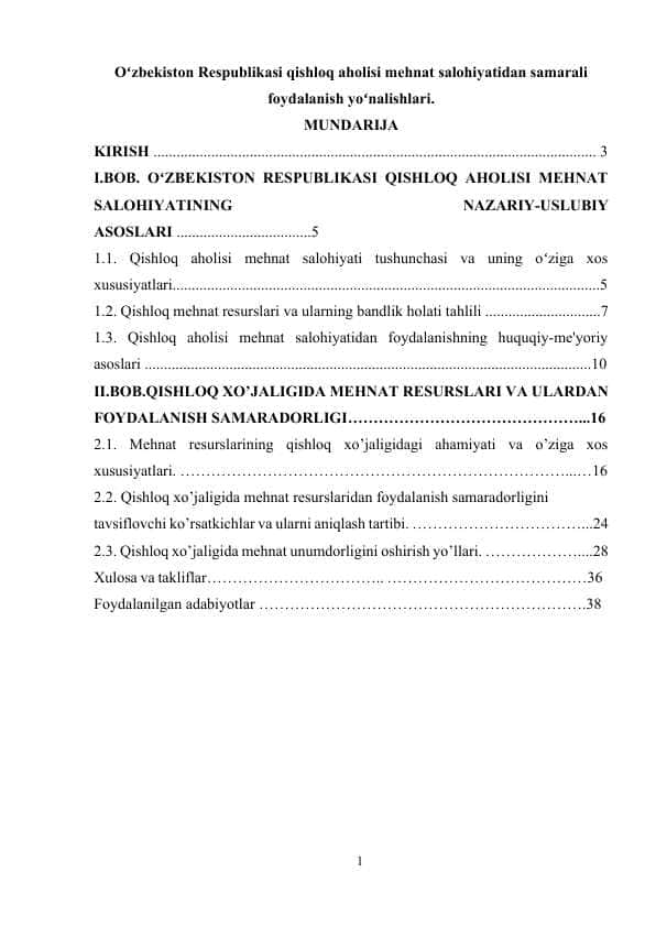 Oʻzbekiston Respublikasi qishloq aholisi mehnat salohiyatidan samarali foydalanish yoʻnalishlari.