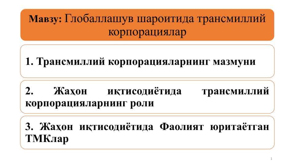 Глобаллашув шароитида трансмиллий корпорациялар