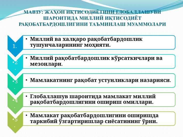 ЖАҲОН ИҚТИСОДИЁТИНИ ГЛОБАЛЛАШУВИ ШАРОИТИДА МИЛЛИЙ ИҚТИСОДИЁТ РАҚОБАТБАРДОШЛИГИНИ ТАЪМИНЛАШ МУАММОЛАРИ