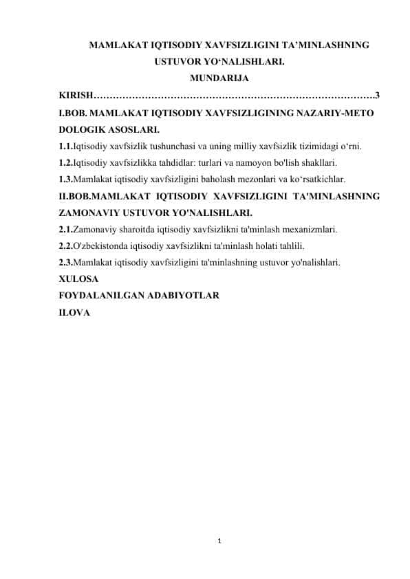 MAMLAKAT IQTISODIY XAVFSIZLIGINI TA’MINLASHNING USTUVOR YO‘NALISHLARI.