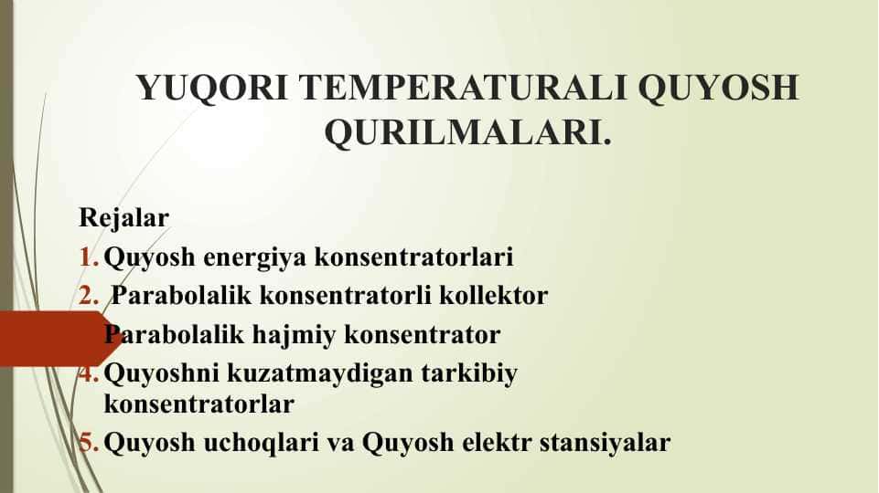 YUQORI TEMPERATURALI QUYOSH QURILMALARI.