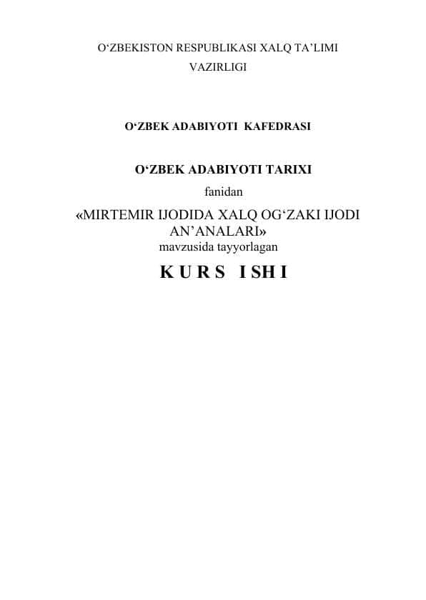Mirtemir ijodida xalq og'zaki ijodi