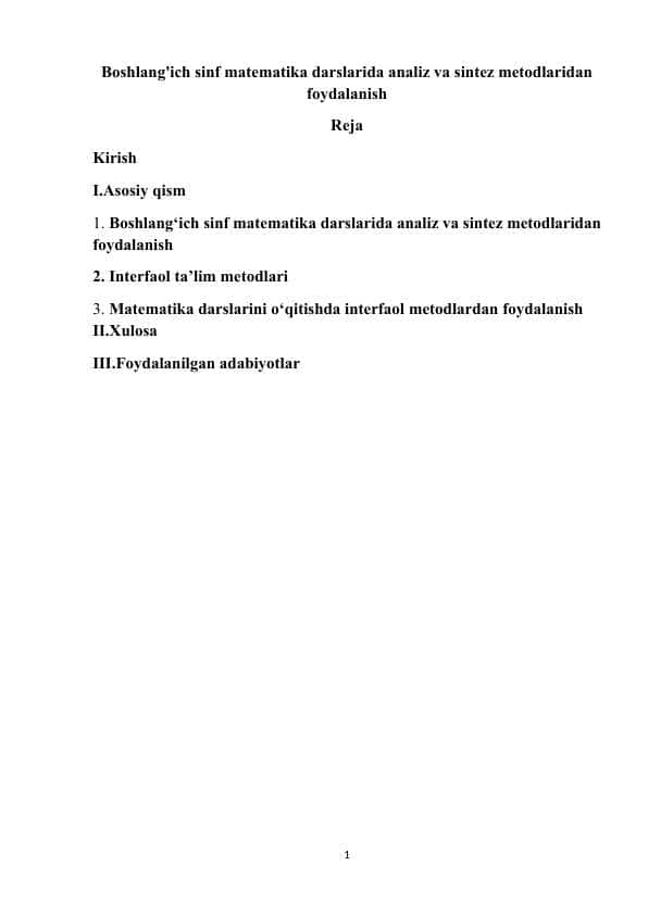 Boshlang'ich sinf matematika darslarida analiz va sintez metodlaridan foydalanish