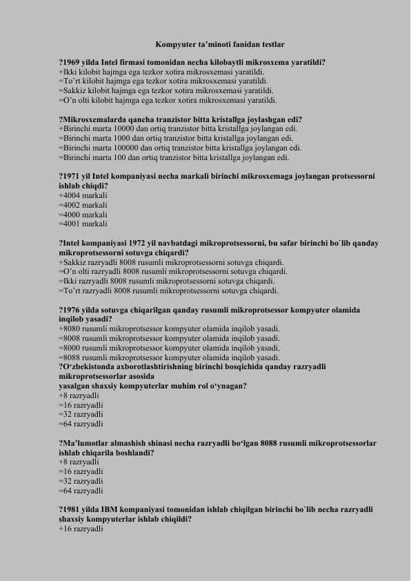 Kompyuter ta’minoti fanidan testlar