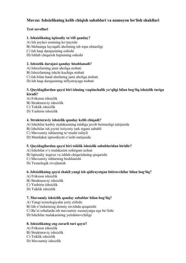 Ishsizlikning kelib chiqish sabablari va namoyon bo‘lish shakllari test