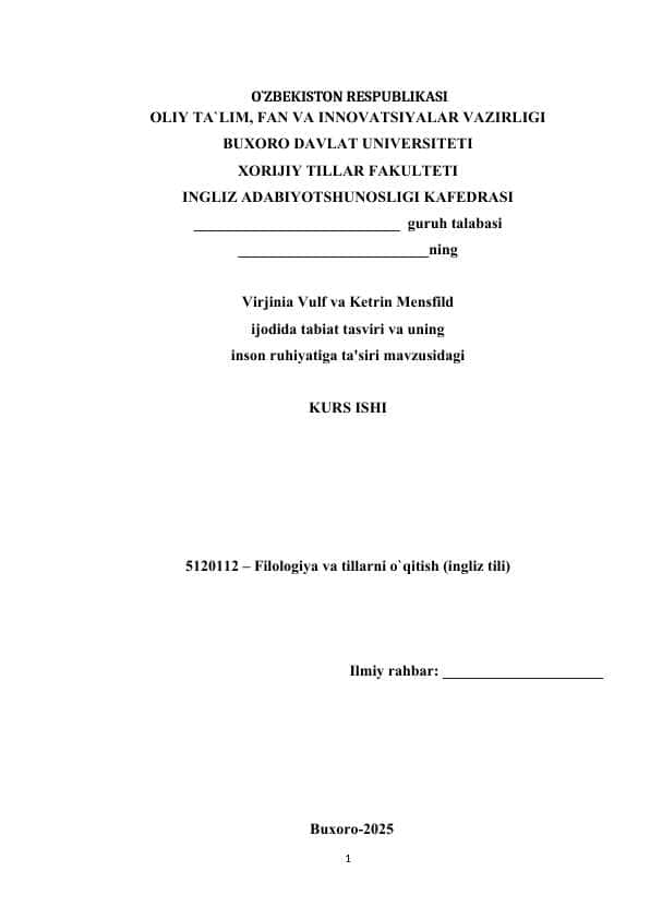 Virjinia Vulf va Ketrin Mensfild ijodida tabiat tasviri va uning inson ruhiyatiga ta'siri
