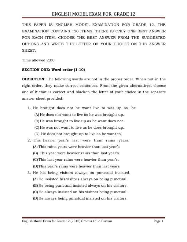 ENGLISH MODEL EXAM FOR GRADE12