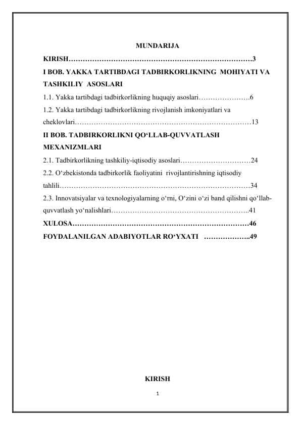 Yakka tartibdagi tadbirkorlikning tashkiliy-iqtisodiy asoslari | Kurs ishi