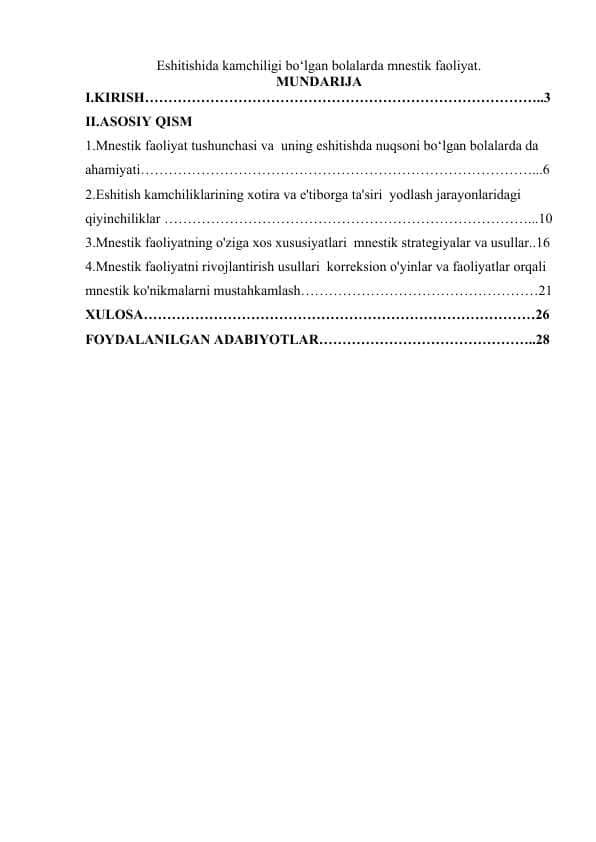 Eshitishida kamchiligi bo‘lgan bolalarda mnestik faoliyat.