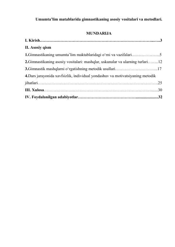 Umumta’lim matablarida gimnastikaning asosiy vositalari va metodlari.