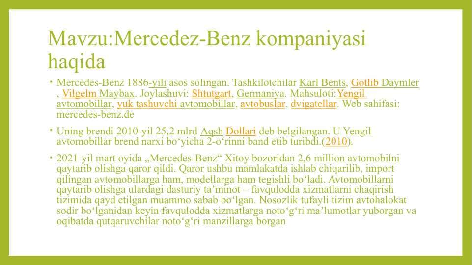 Mercedez-Benz kompaniyasi haqida